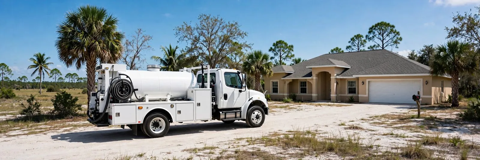 Septic service truck at a Florida acreage home in Golden Gate Estates, Naples